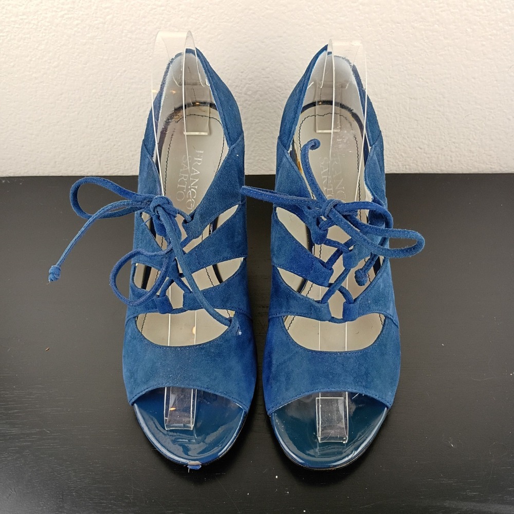 Franco Sarto Deco Blue Suede Lace Up Peep Toe Wedge Sandals Shoes Womens 7.5M - Picture 2 of 12